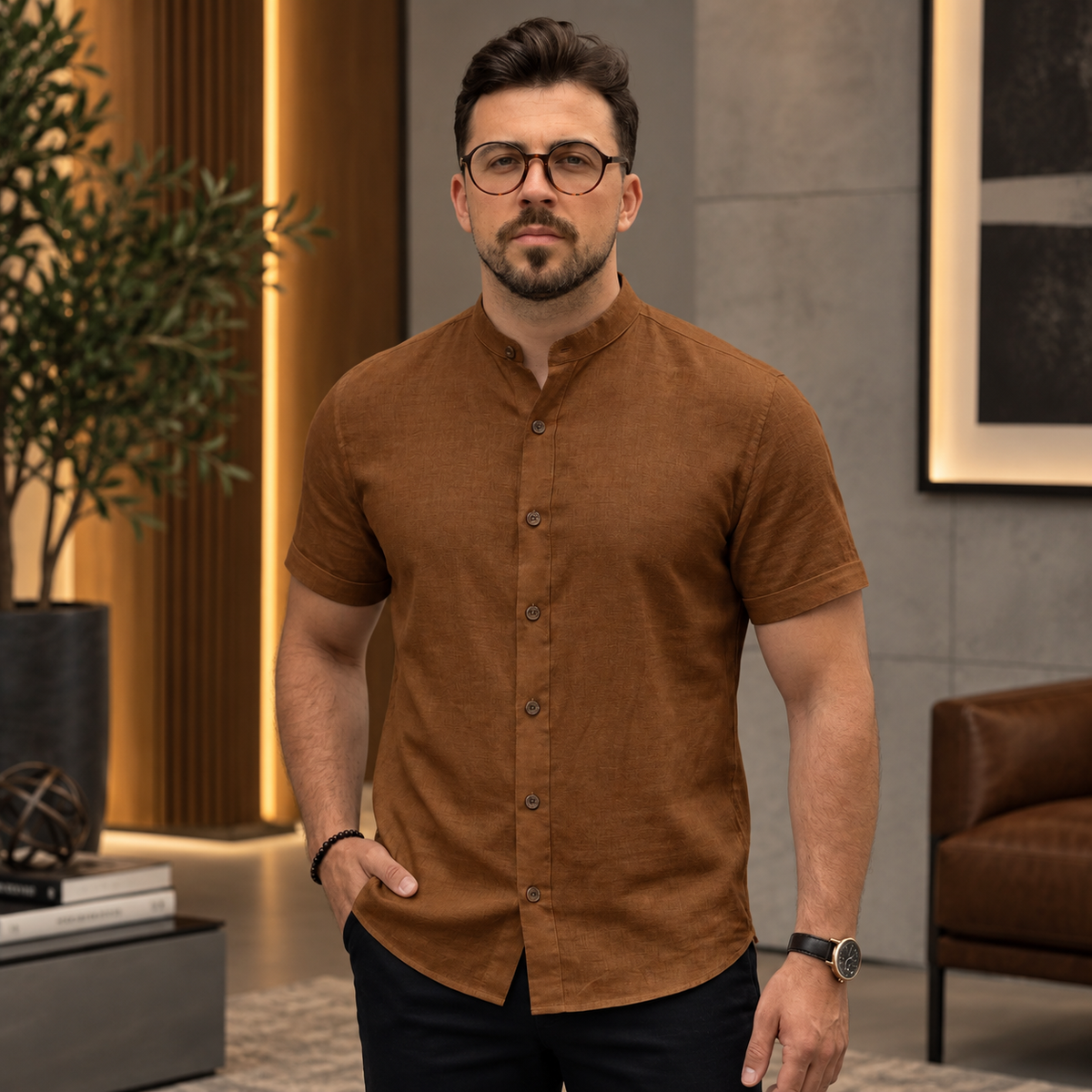 Camisa Masculina Gola Padre Linho